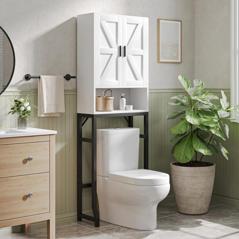 Over Toilet Storage Cabinet, Bathroom Organizer with Barn Doors, Thickened Metal Frame & MDF Wood, Freestanding Space Saver for Bathroom, White