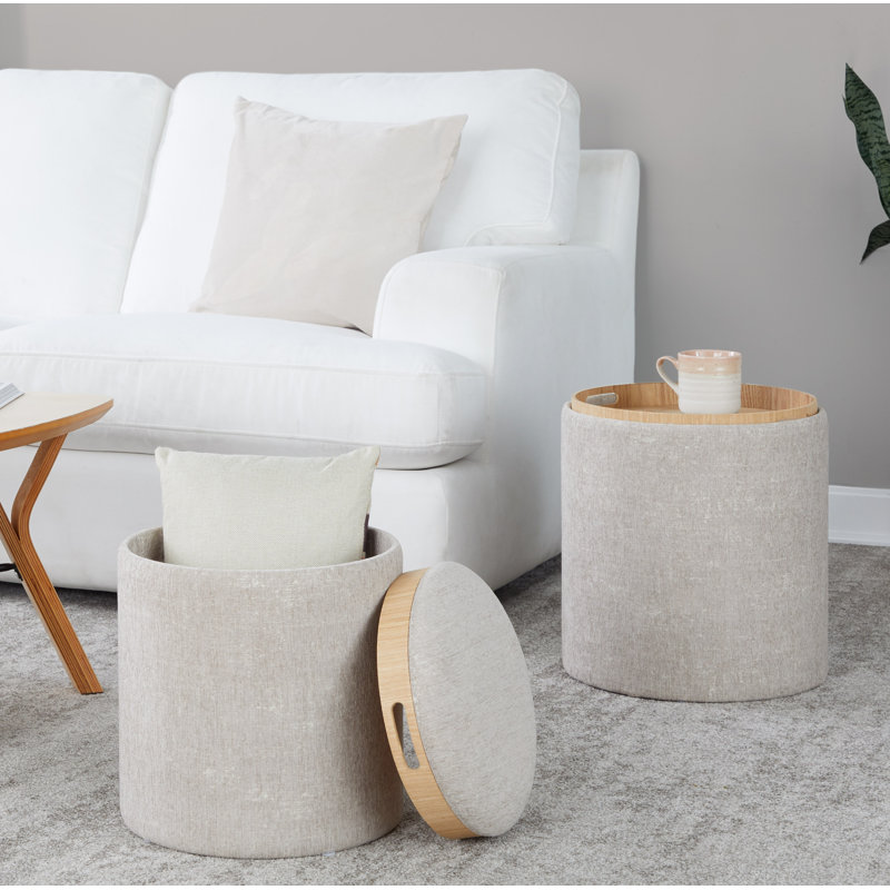 Alvena 15.5" Wide Round Storage Ottoman with Tray Tops, Light Brown