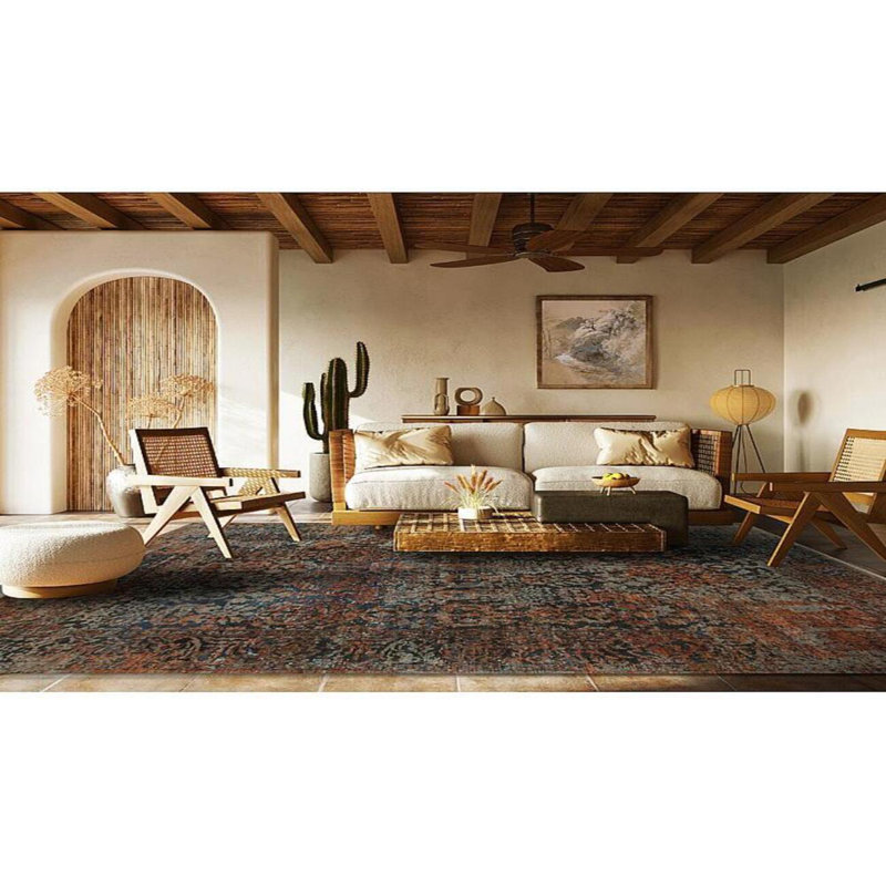 Shangri-La Hand Knotted Wool Area Rug in Blue/Coral/Silver/Black, Rectangle 2' x 3'