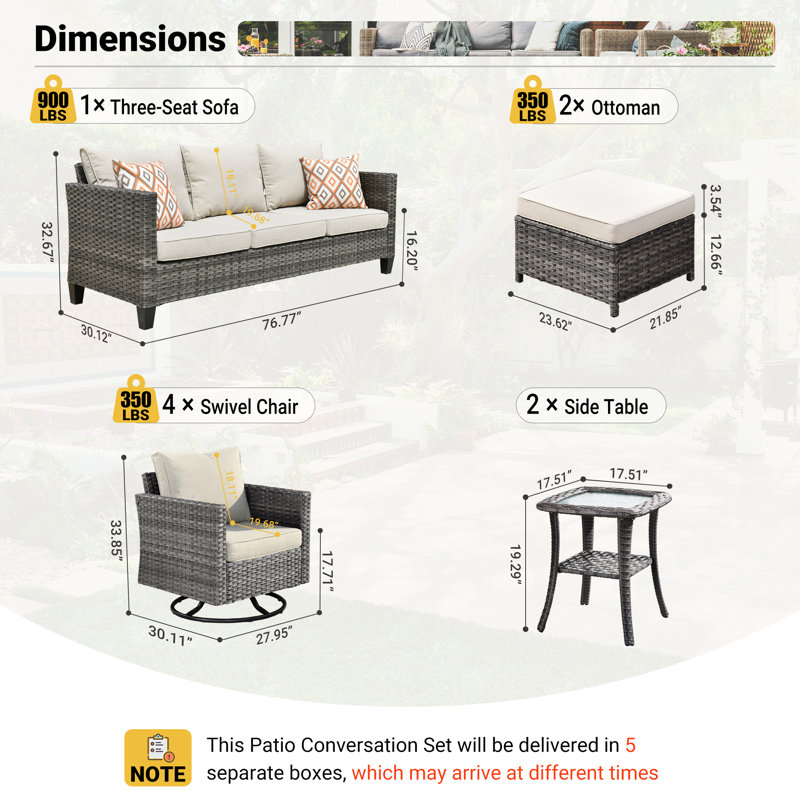 Cushion Color Wood Premium All-Weather Wicker 7 - Person Patio Conversation Set with Cushions, Beige