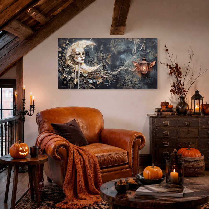 Tableau sur toile d'Halloween avec masque lunaire surréaliste et lanterne ailée, L 40 po x H 20 po
