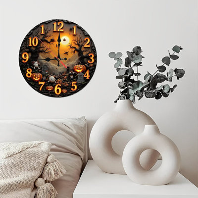 Halloween clock jackolanterns moonlit scene