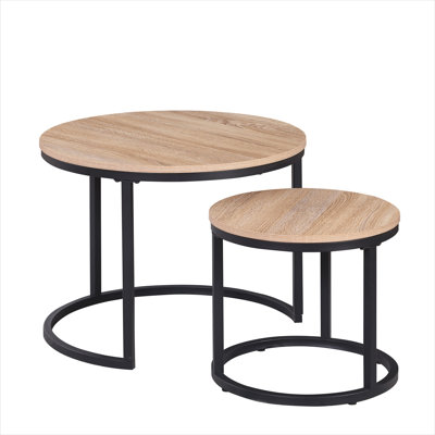 Oak round nesting coffee table duo with space-saving design and modern industrial style