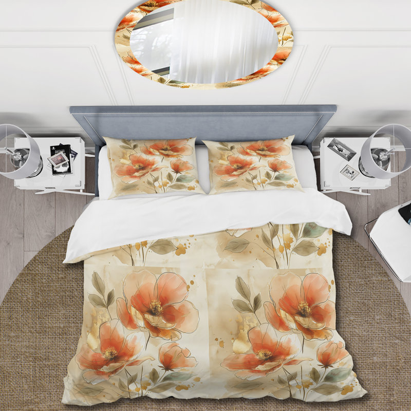 Red Gold Watercolor Floral Dream - Ensemble de housse de couette floral, Housse de couette très grand + 2 taies décorativ