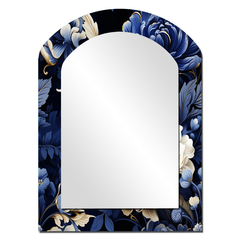 Motif victorien bleu cobalt de style Renaissance - Miroir décoratif floral sur métal, 34 po x 25 po