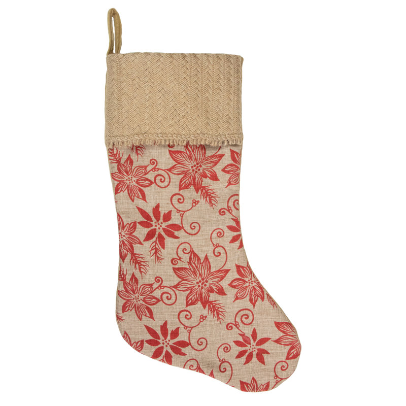 Chaussette de Noël 20 po brun clair et rouge rustique en poinsettia