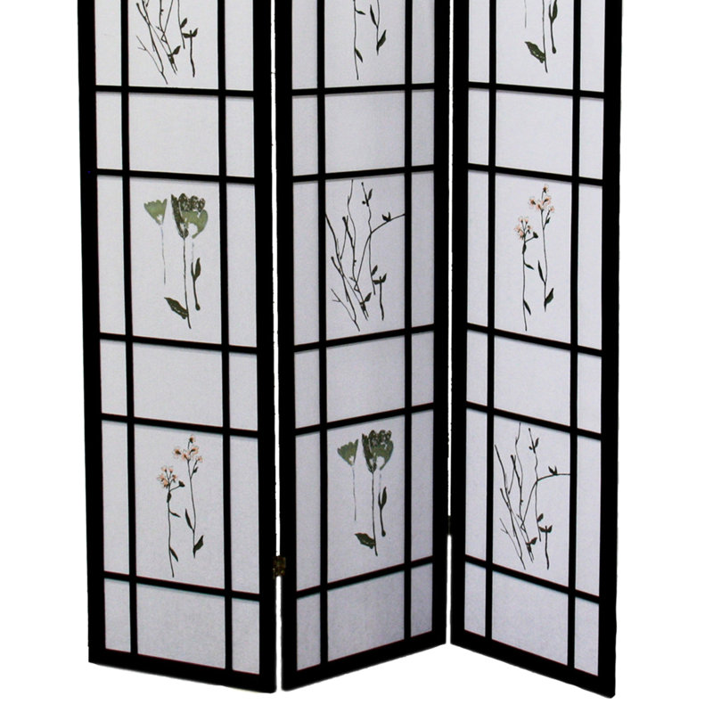Paravent noir 70 "3", thème asiatique, construction en pin massif, panneaux à imprimé floral, ornement pliable, construction, imprimé floral