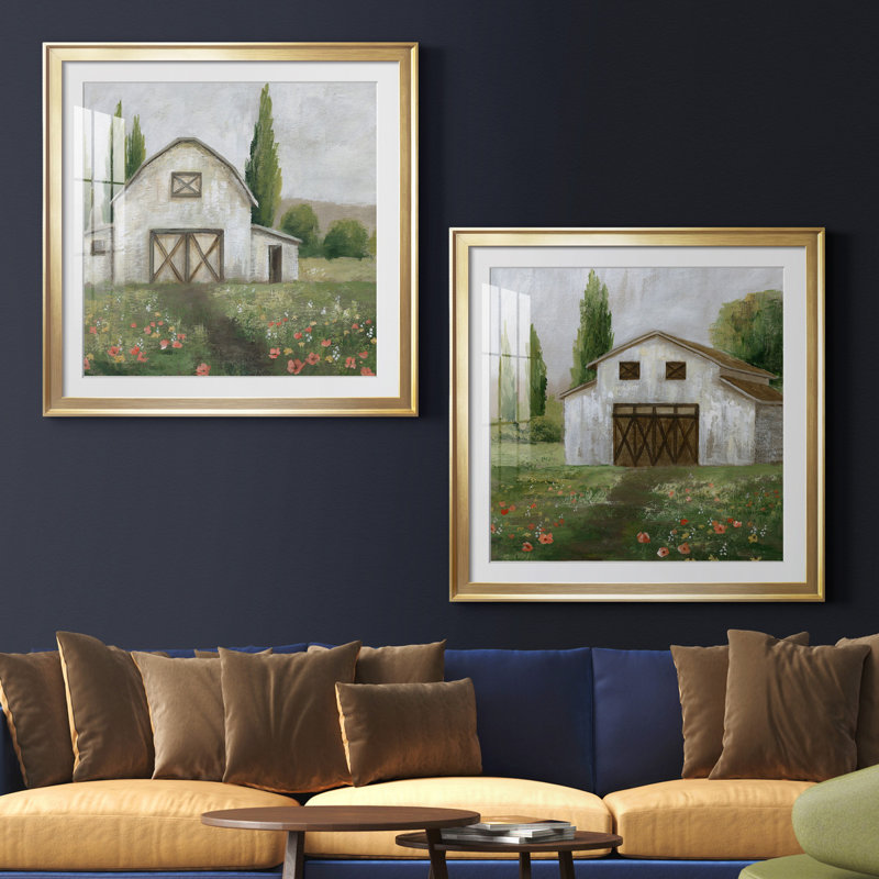 Country Barn I - ensemble de 2 reproductions d'art, H 34,5 po x l 69 po x P 1,5 po, Papier encadré doré, Blanc