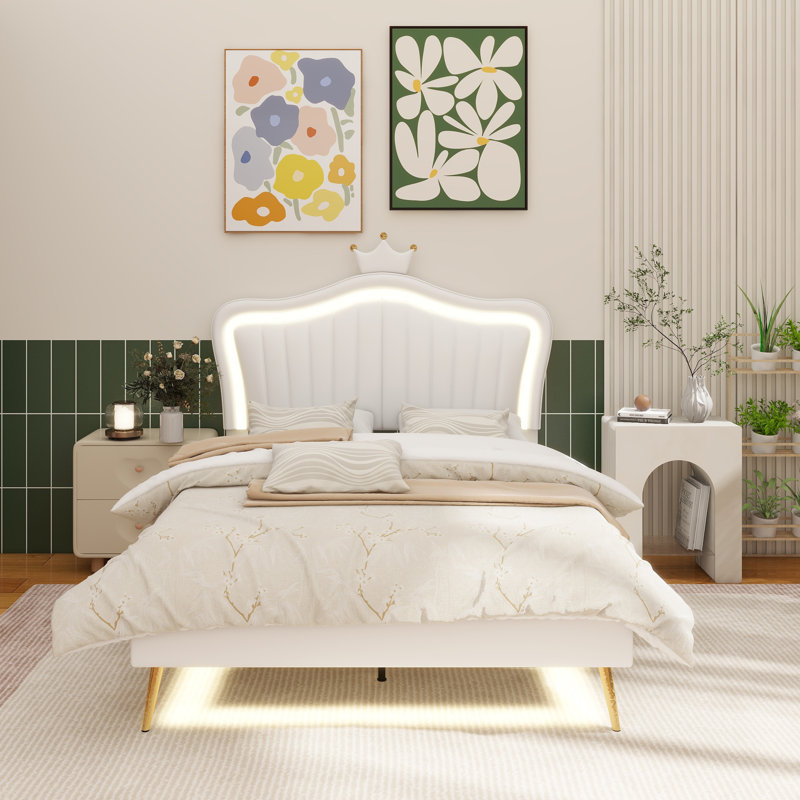 Structure de lit tapissier avec lumières DEL, lit princesse rembourré moderne avec tête de lit couronne, blanc et rose, Blanc