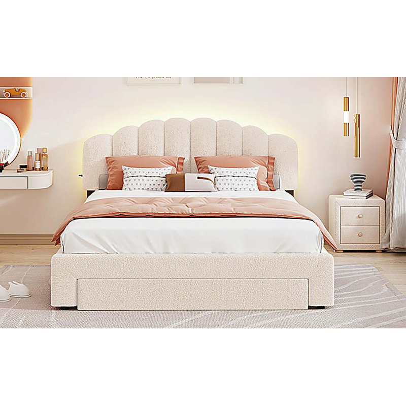 Grand lit plateforme tapissier Teddy, Beige