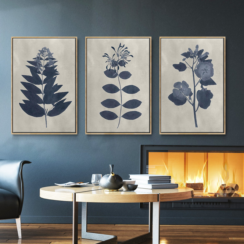 Ensemble de 3 pièces encadrées sur toile, fleurs pressées bleu marine, Blanc, H 27 po x l 54 po