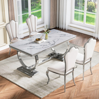 70”Marble Dining Table Set For 4,Modern 5-Piece Faux Marble Dining Table Set With 4 High-Backed Chairs, Luxury Kitchen Dining With Stainless Steel Ped -  Mercer41, 5840E68D7B34465DA5D86A8D0975AFC4