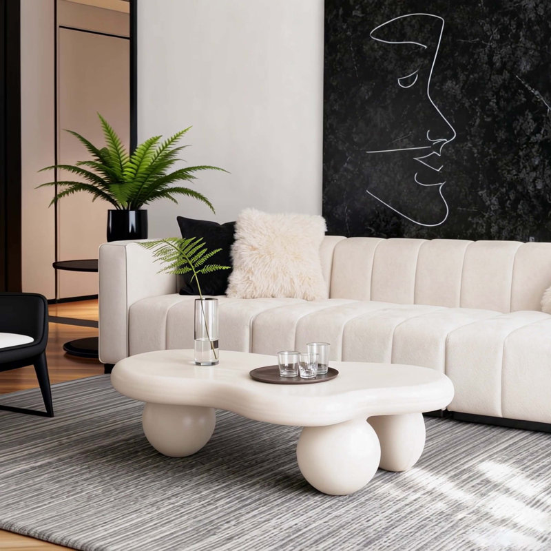Table basse de 40 pouces en forme de nuage avec 3 pieds sphériques pour le salon, blanc crème, Blanc, crème, Blanc, crème