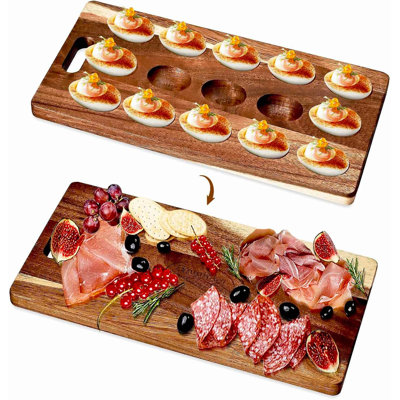 Reversible Acacia Wood Deviled Egg Tray 15 Slots, Dual Use Egg Holder & Charcuterie Board with Handle