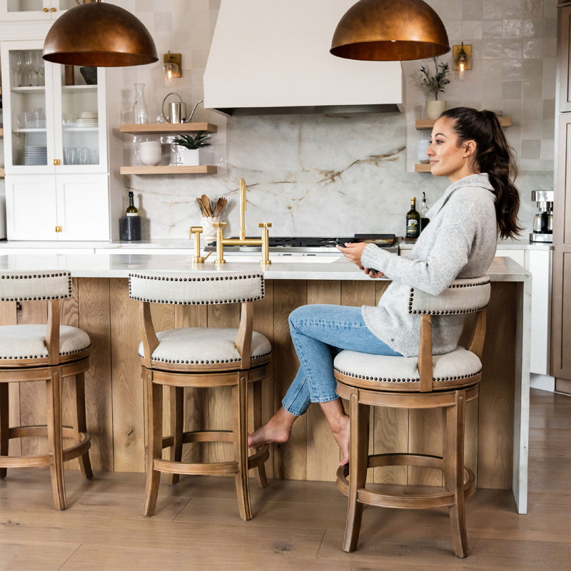 Weathered Oak Swivel Counter Stool with Sand Upholstery