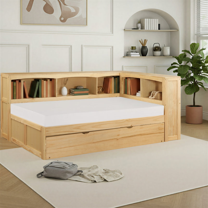 Lit plateforme simple en bois avec lit gigogne Sabio, Beige, Bois massif