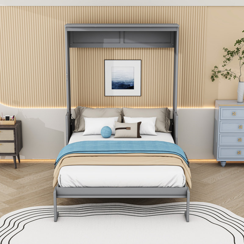 Grand lit escamotable en bois avec lumière DEL, station de charge USB et lattes, gris