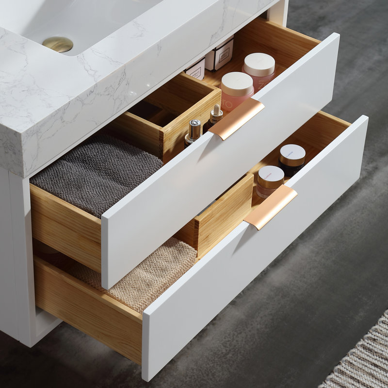 Meuble-lavabo mural moderne en bois massif 36 po avec comptoir en pierre et lumière DEL 36 po, Blanc