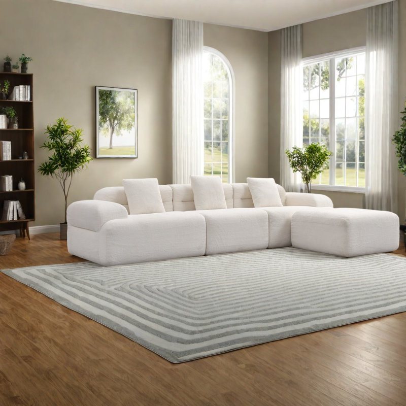Canapé d'angle moderne à compression, canapé en velours côtelé de 119,69 po avec pouf pour la maison, Beige