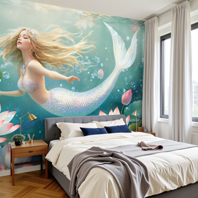 Peel and Stick Wallpaper 96" W x 69" H Modern Self Adhesive Wall Mural for Bedroom Magical Mermaid Swimming Lotus Flowers Serene Underwater Scene