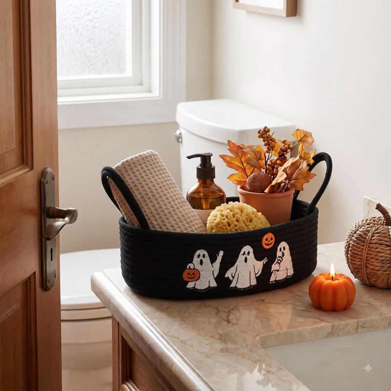 Décoration d'Halloween : Panier de rangement en corde de coton noire tressée avec broderie citrouille fantôme et poignées, idéal pour la salle de bain ou la table.