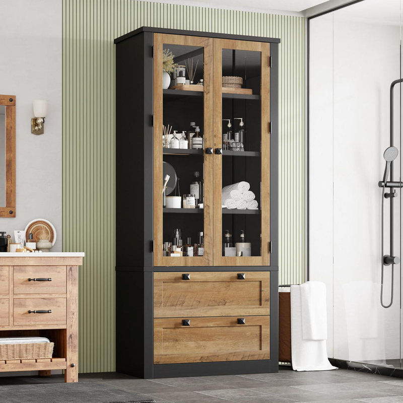 Armoire de cuisine Modern Farmhouse avec portes en verre - 72 po de hauteur, 2 grands tiroirs, tablettes réglables, buffet de rangement polyvalent - Finition en relief