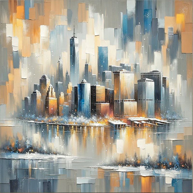Metropolitan Dawn - Luminous City Reflection Impasto, H 20 po x l 20 po x P 1,5 po