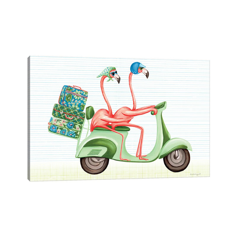 «Flamants roses Vespa» par Amélie Legault - reproduction d'art, Toile tendue, Pas de tapis, H 12 po x l 18 po x 1,5 po