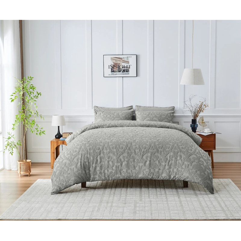 Bedding, GREY Damask, Double Duvet Cover + 2 Standard Pillowcases