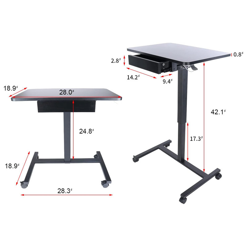 Black Adjustable Height Laptop Cart with Drawer