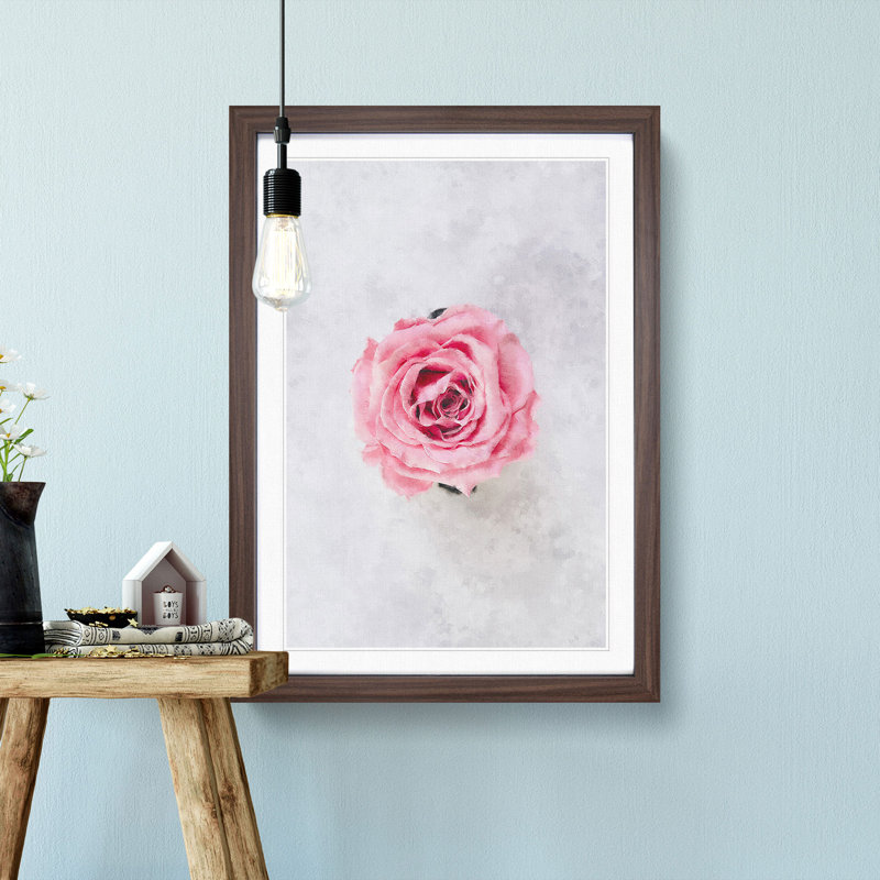 Lone Pink Rose - Framed Print, 45cm H x 33cm W x 2cm D, Walnut Framed