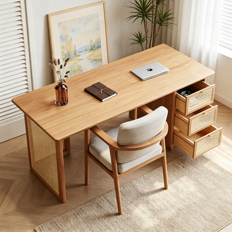 Bureau moderne en bois massif et rotin naturel, H 29,53 po x l 70,87 po x P 27,56 po