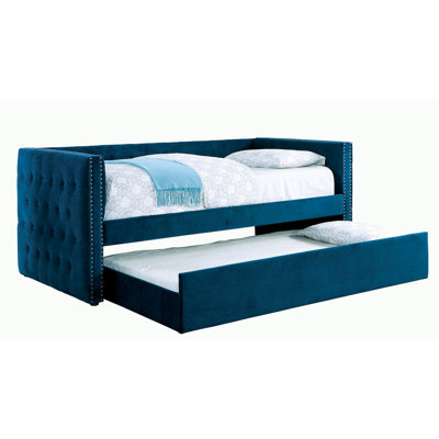 Lit de jour de style transitionnel bleu marine avec couchette, revêtement rembourré de flanelle, bouton, garniture cloutée, ensemble de lattes pour lit gigogne de style chambre à coucher, revêtement, ensemble