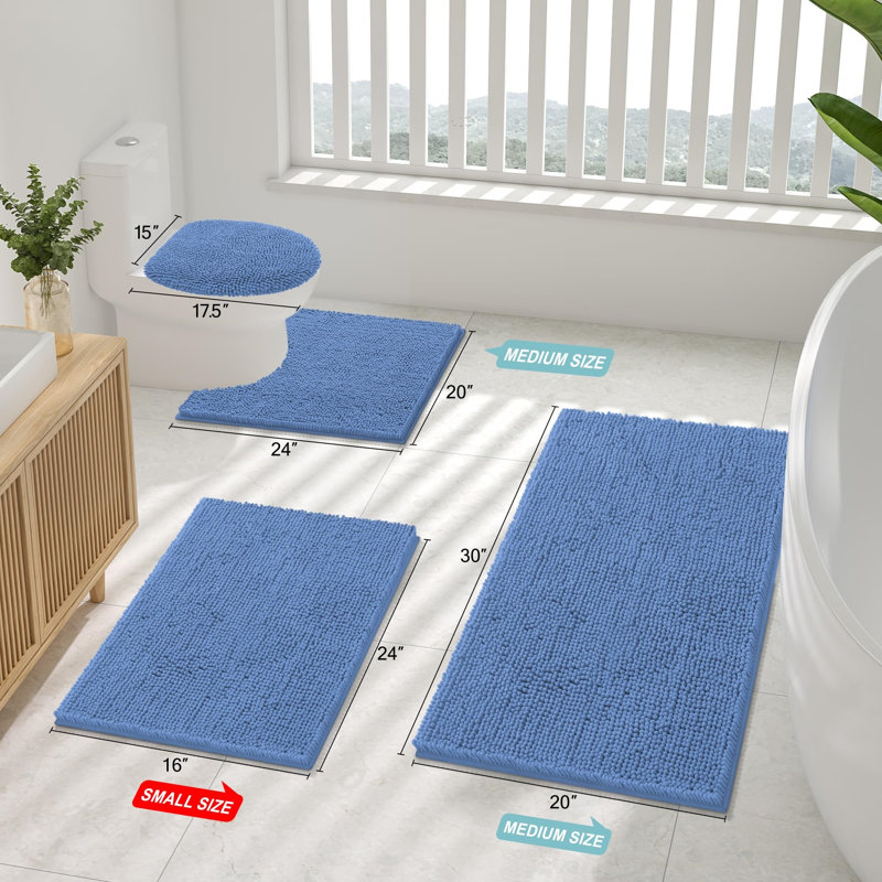 Luxury Chenille Bath Mat, Extra Soft Absorbent Shaggy, Non-Slip Plush, Cornflower Blue, 24X16 Inch, Blue