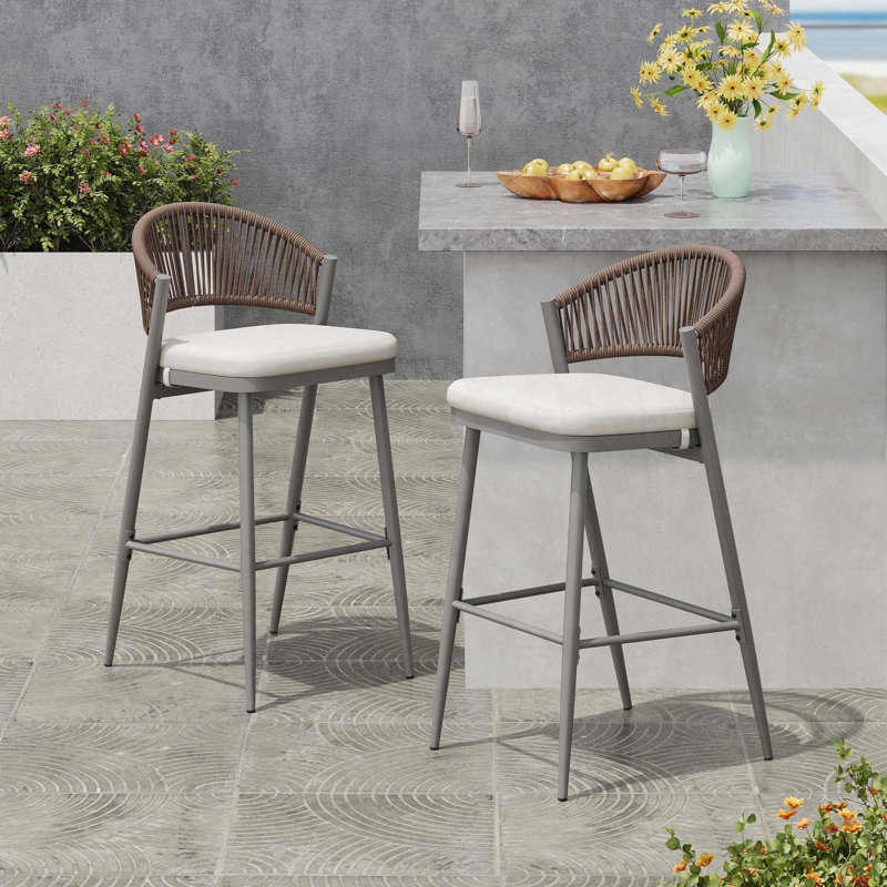 2-Pack Outdoor Metal Frame Barstools with PE Rattan Scallop Backrest, Water-Resistant Cushion, 30.25" Seat Height