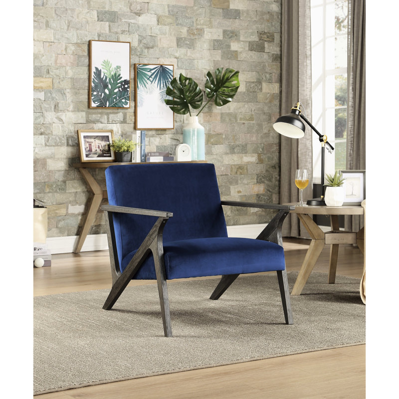 Fauteuil d'appoint en velours bleu marine, bois d'hévéa massif, finition gris antique, coussins attachés, profondeur d'assise de 22 po, largeur rétro de 30 po, structure en bois, finition pour un usage domestique