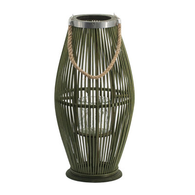 Lanterne Prish, insert en verre, cadre en bambou vert 23 po, corde de chanvre