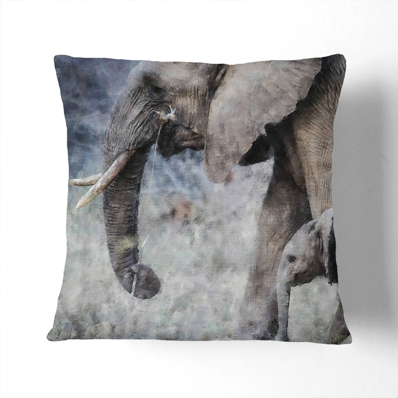 Mother And Baby Elephant Vol.1 Painting Square Throw Cushion, Stone, 40cm H x 40cm W x 15cm D