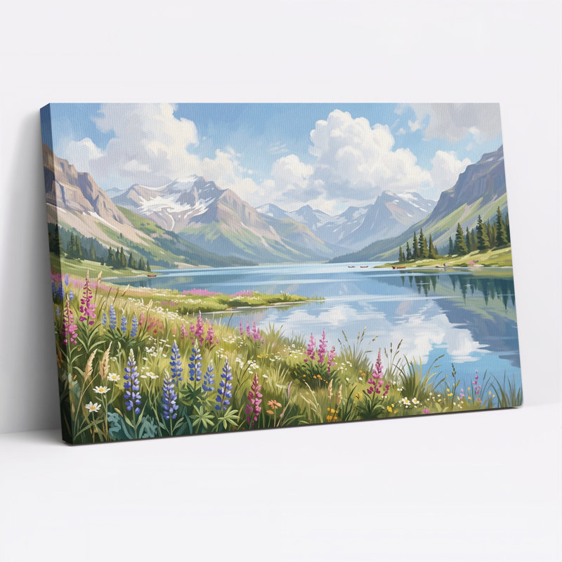 Tableau sur toile représentant un lac alpin avec des fleurs sauvages et des sommets enneigés, 20"H x 30"W