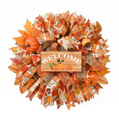 Couronne de bienvenue de 19,7 pouces avec portes d'entrée, comprenant de petites citrouilles, un ruban à carreaux avec des feuilles d'érable et des feuilles d'érable rouge-orange, une décoration de porte rustique de style récolte pour une utilisation intérieure et extérieure, parfaite pour l'Action de grâce
