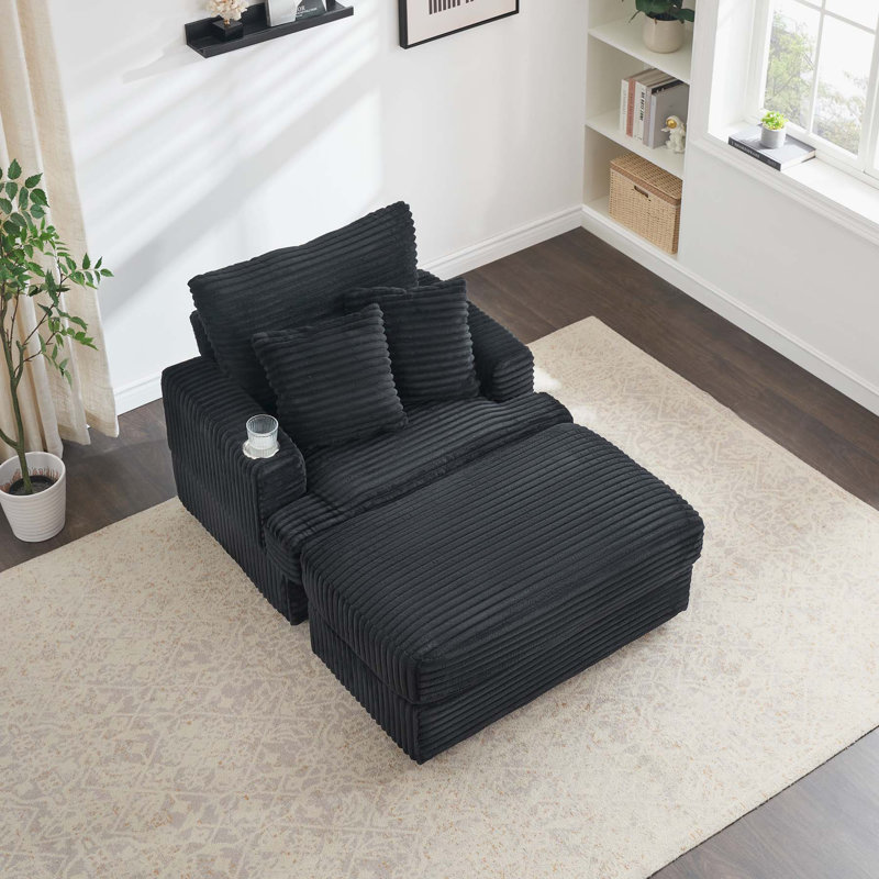 Comfortable Spring Armchair and Ottoman Set with Cup Holder and Corduroy, Black