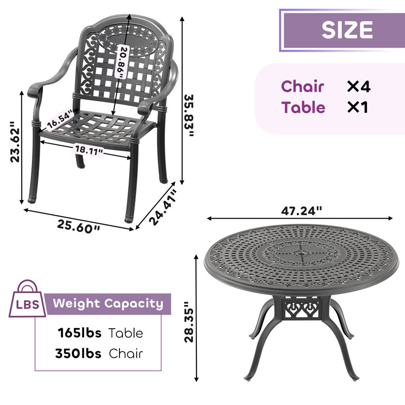 47.24-inch  Round Table Cast Aluminum Outdoor Dining Set with Umbrella Hole and Blue Cushions, 4
