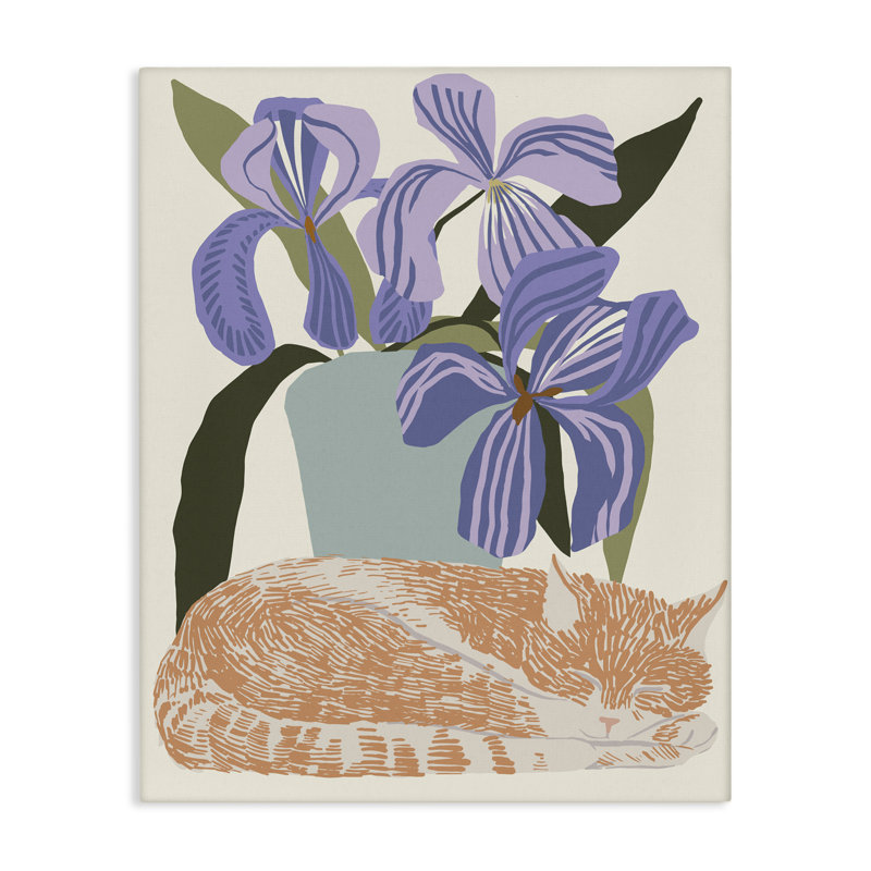 Toile moderne Modern Cat & Iris Plant, design par Hannah Beisang, H 20 po x l 16 po
