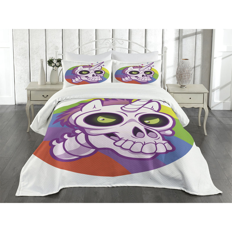 Ambesonne Cartoon Bedspread Unicorn Design Multicolor, King Coverlet/Bedspread + 2 Pillow Shams