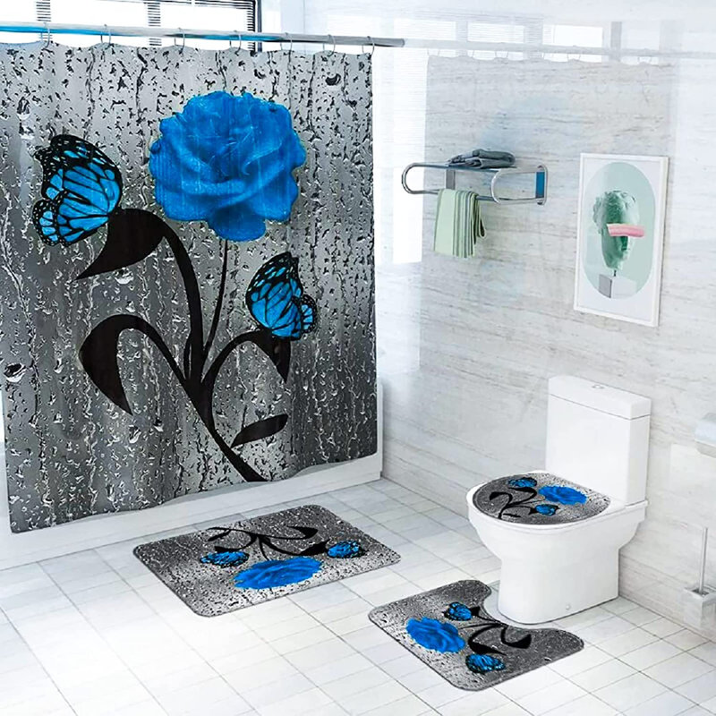 Ensemble de rideau de douche 4 pièces + crochets, Bleu