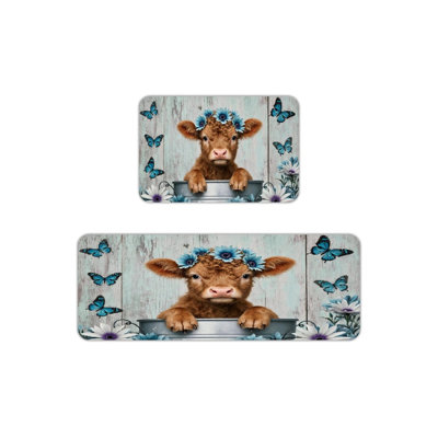 Tapis de cuisine antidérapant en veau avec couronne de fleurs, 2 pièces
