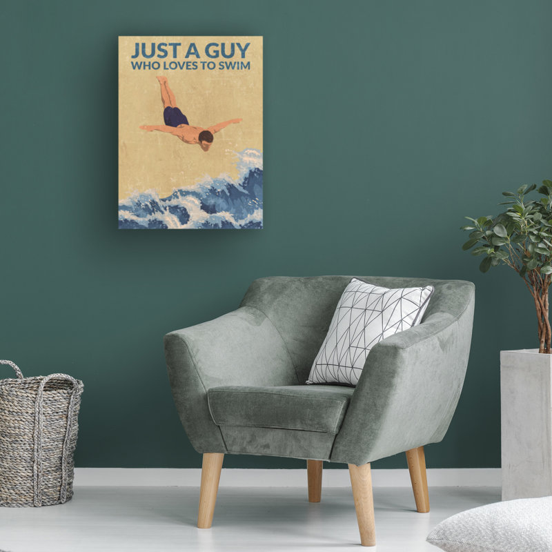Jon Downer, Just A Guy Who Loves To Swim, art sur toile bleu, H 32 po x l 24 po x P 2 po