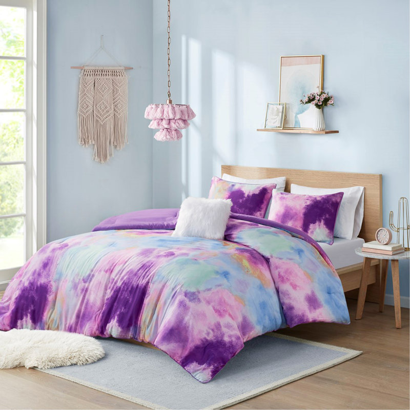 Ensemble d'édredon à imprimé de teinture par aquarelle avec coussin décoratif, Édredon grand et 3 pièces supplémentaires