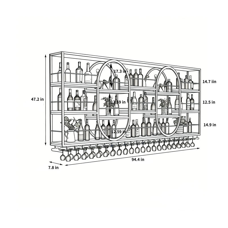 Support à vin léger mural rond de luxe, Doré, H 47,2 po x l 94,4 po x P 7,8 po