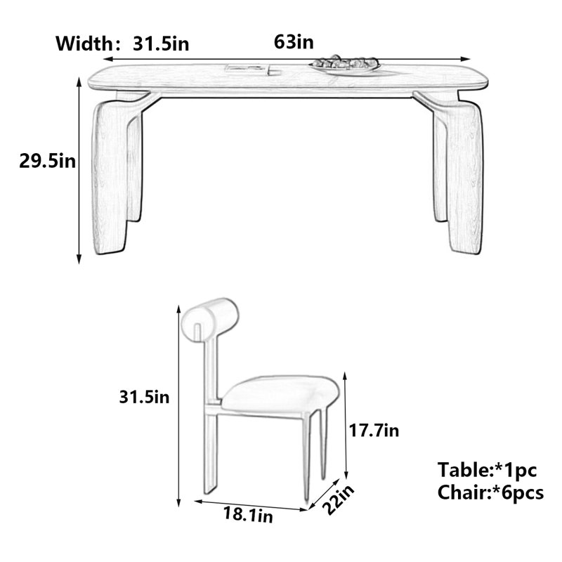 Modern Nordic Rectangular Dining Table, 29.5"H x 63"L x 31.5"W